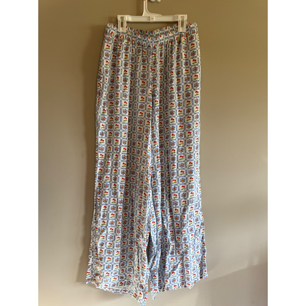 Dippin Daisy Women Floral Tile Print Wide Leg Lounge Pants Blue White Red Size M